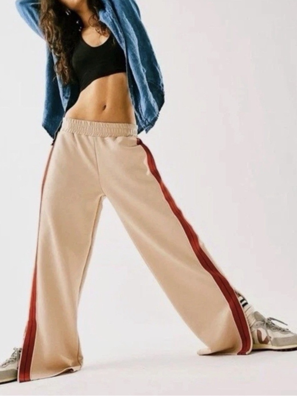 Free People Cream Track Pants with Red Stripe